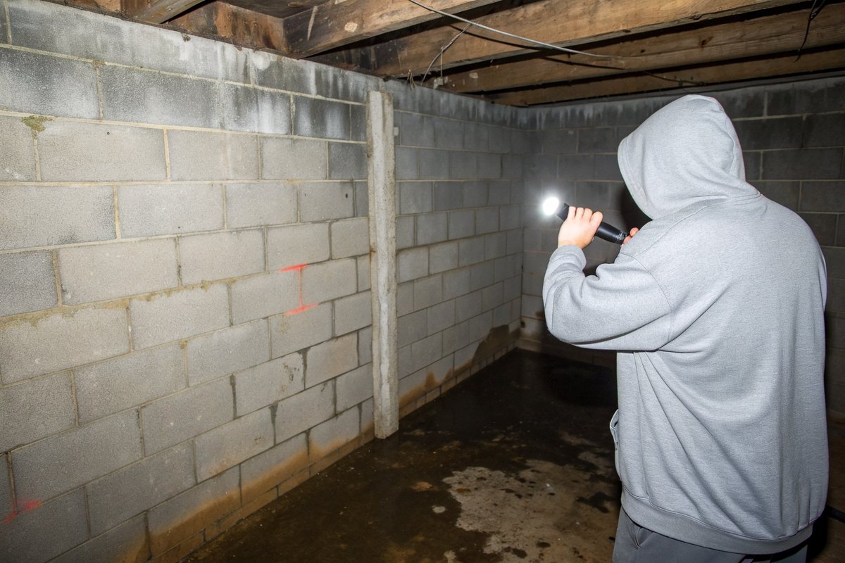 A person in a gray hoodie shining a flashlight on a damp concrete block basement wall