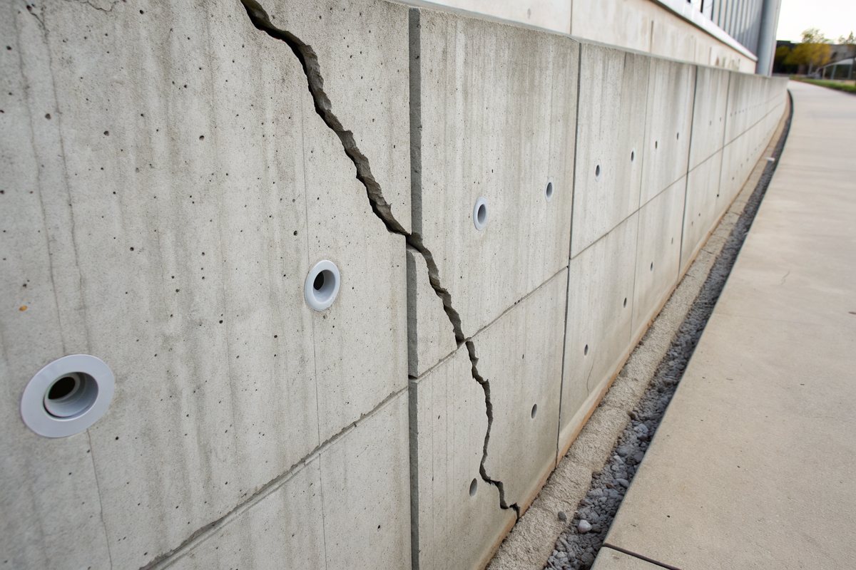 Small round injection ports set along a long crack in a gray poured concrete wall