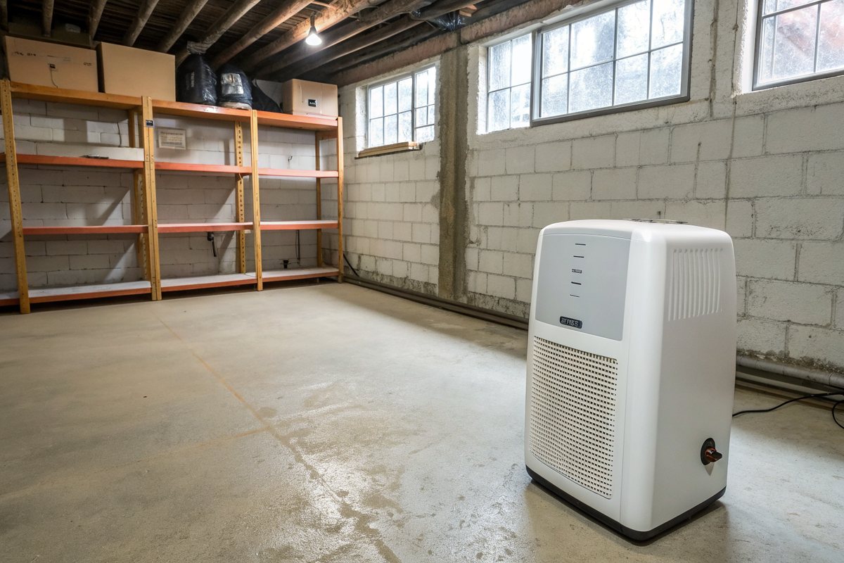 A portable dehumidifier running in a dry unfinished basement