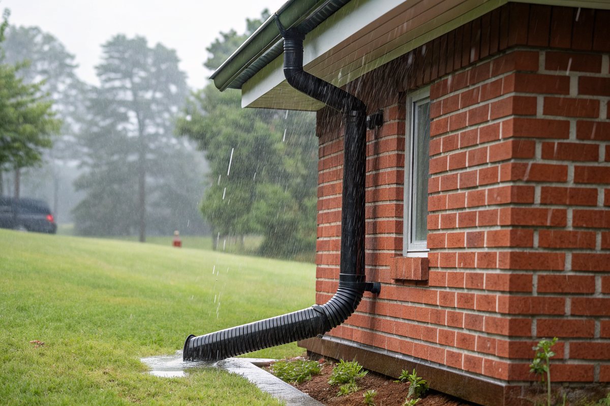 A downspout with a long extension carrying water across a lawn away from a brick house