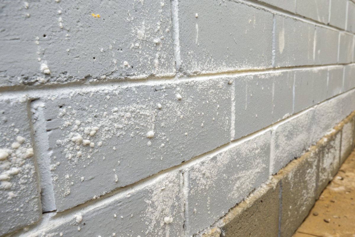 White chalky efflorescence streaks on a painted concrete block basement wall