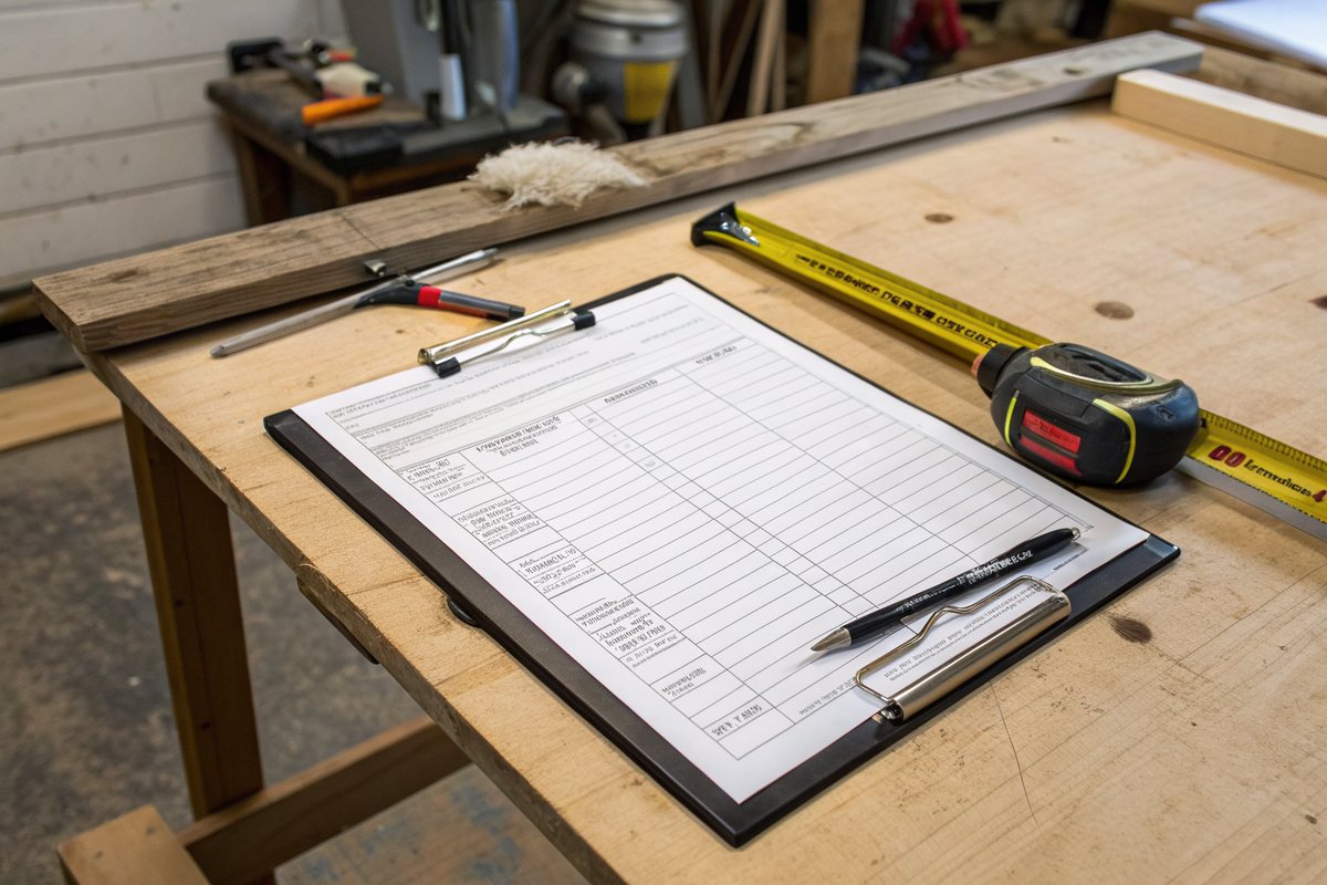 A clipboard with an itemized estimate form and a pen on a workbench