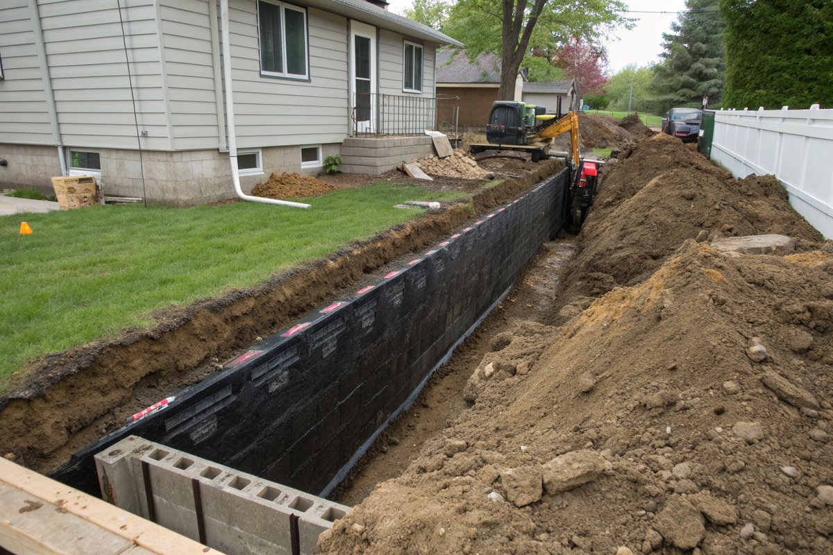 A trench dug along a house foundation with a black waterproofing coating on the wall