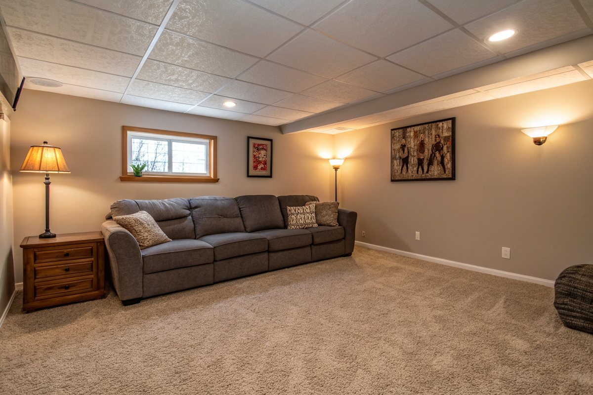 A dry finished basement family room with carpet and a sofa