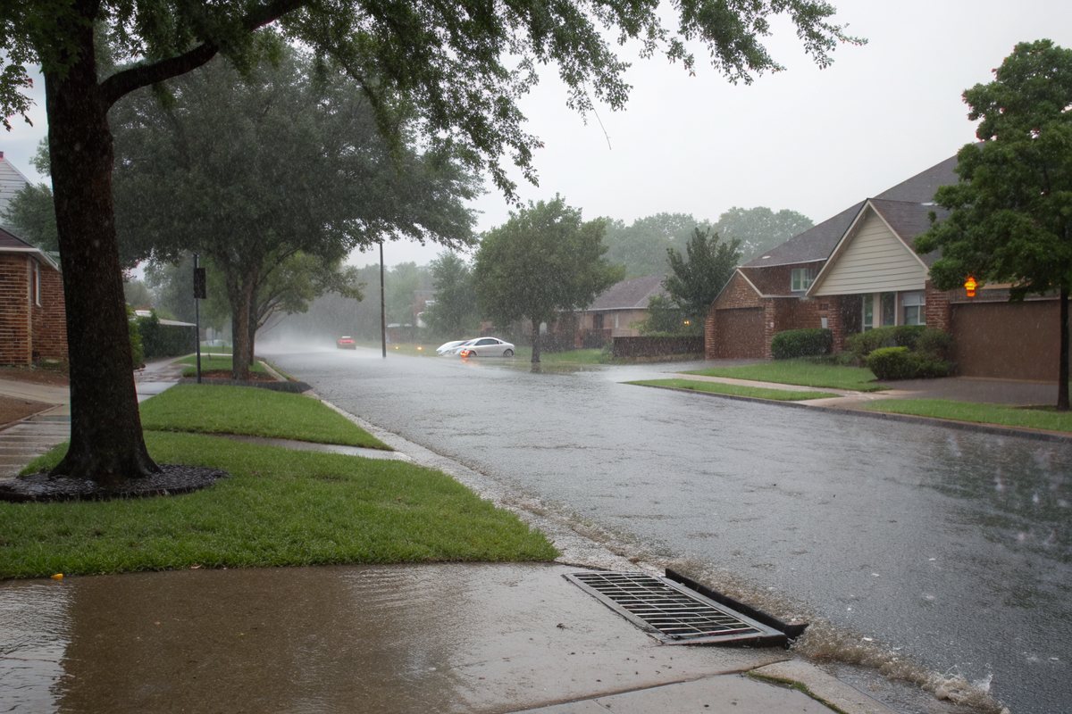 Heavy rain pouring on a suburban street with water running along the curb