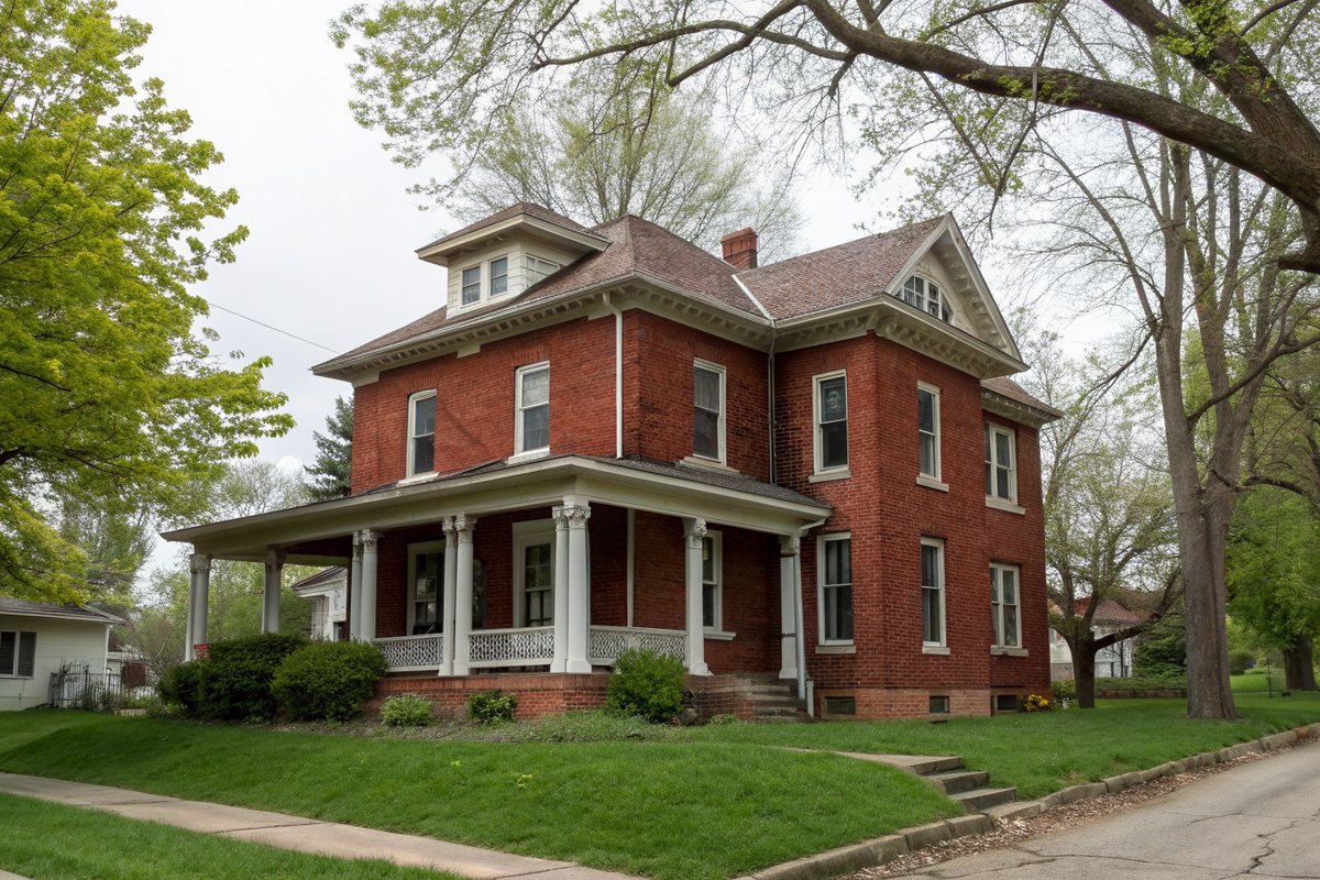 A two-story red brick house with small basement windows at ground level on a tree-lined street