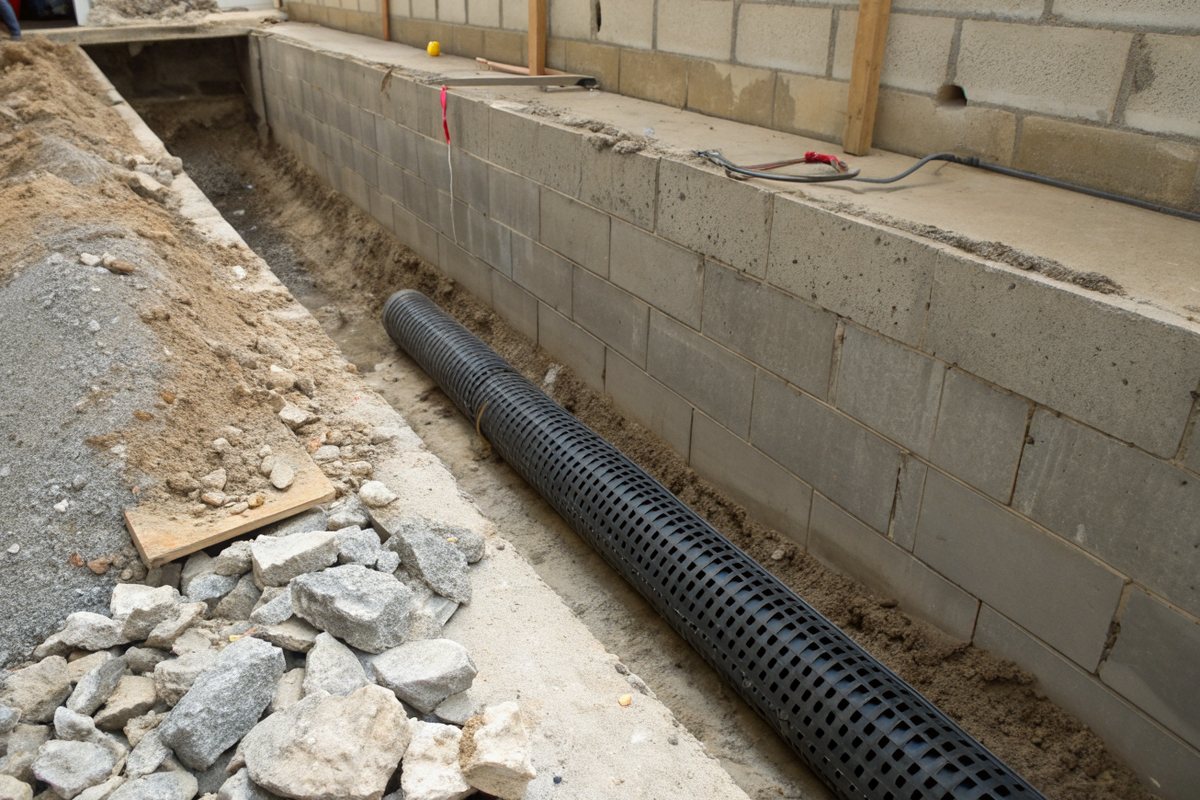 A narrow trench cut into a basement floor along the wall with a perforated drain pipe in gravel
