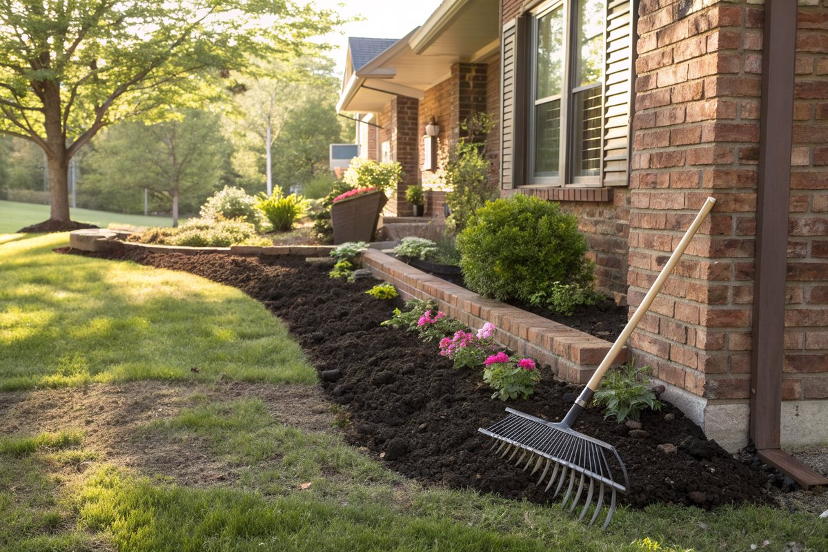 Fresh soil sloped away from the foundation of a house along a flower bed