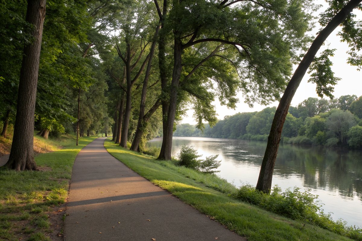 A paved trail along a tree-lined river in a city park