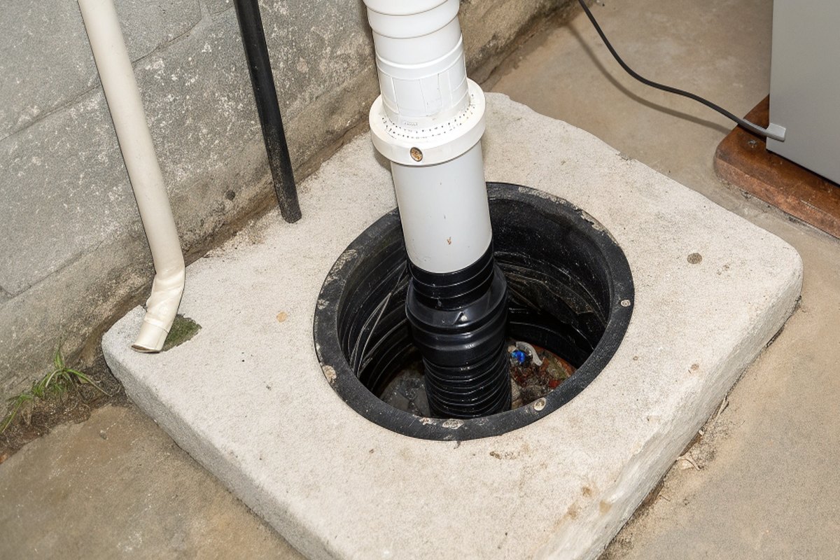 A white sump discharge pipe rising from a black sump pit set in a concrete pad on a basement floor