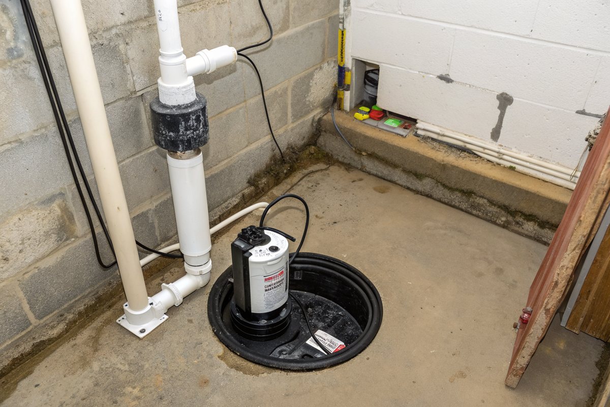 A sump pump sitting in a round plastic pit in a basement floor with a white discharge pipe