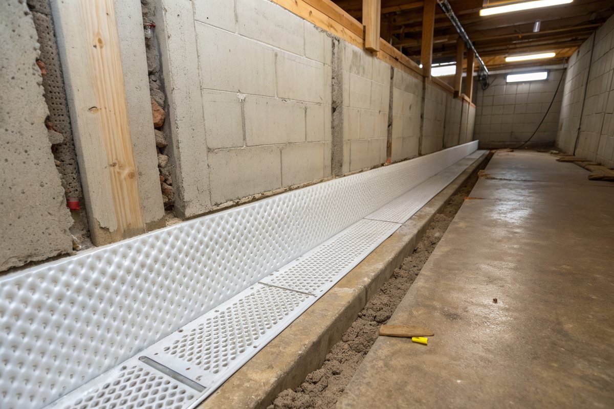 A white dimpled plastic membrane covering the lower part of a basement wall