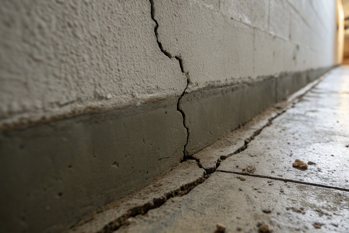 A thin diagonal crack running across a poured concrete basement wall