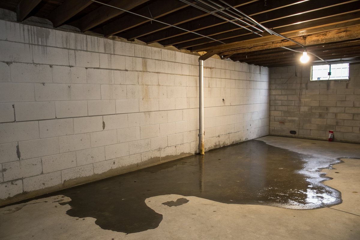 Water pooled on a gray concrete basement floor along the base of a wall