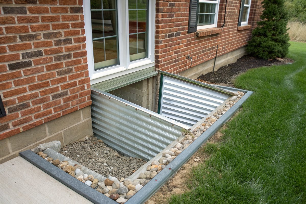 A metal window well with gravel at the bottom outside a basement window